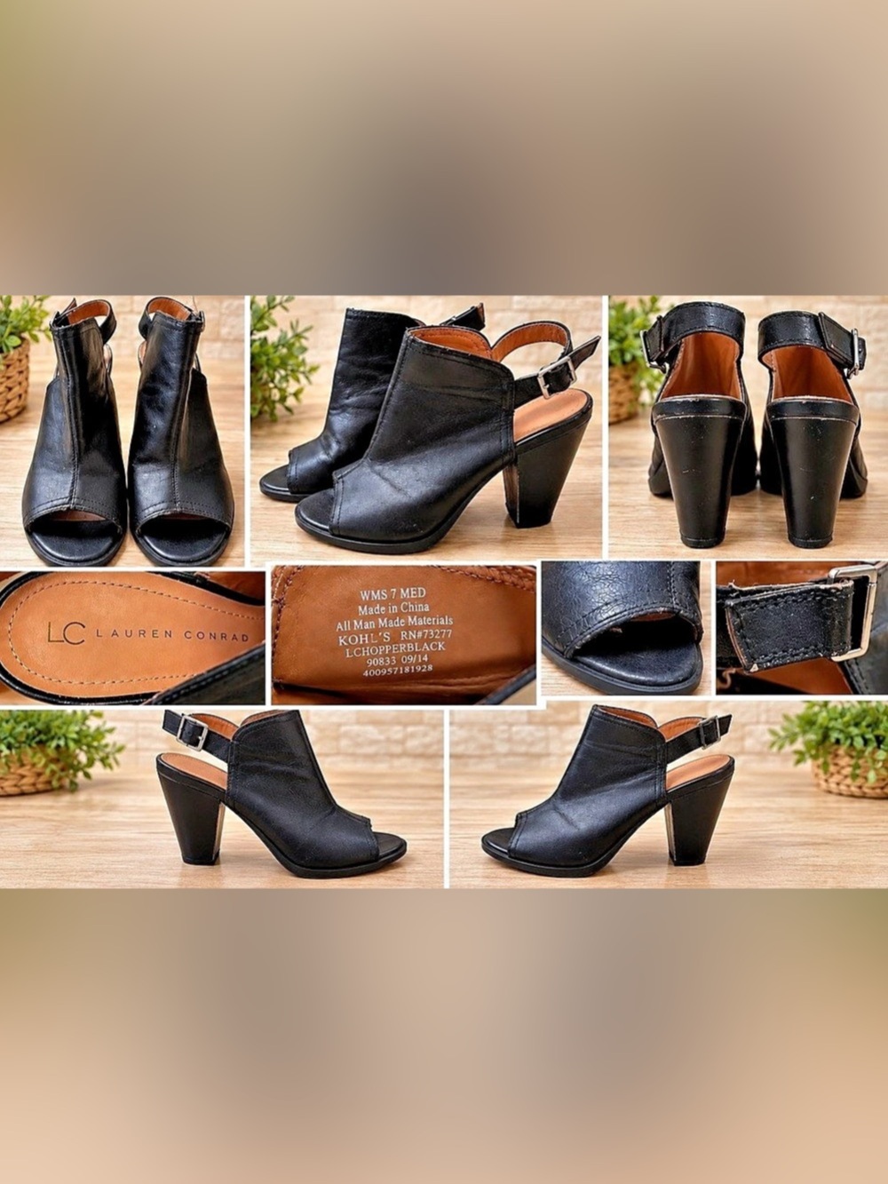 LC Lauren Conrad Black Peep Toe Slingback Ankle Booties Heels Size 7